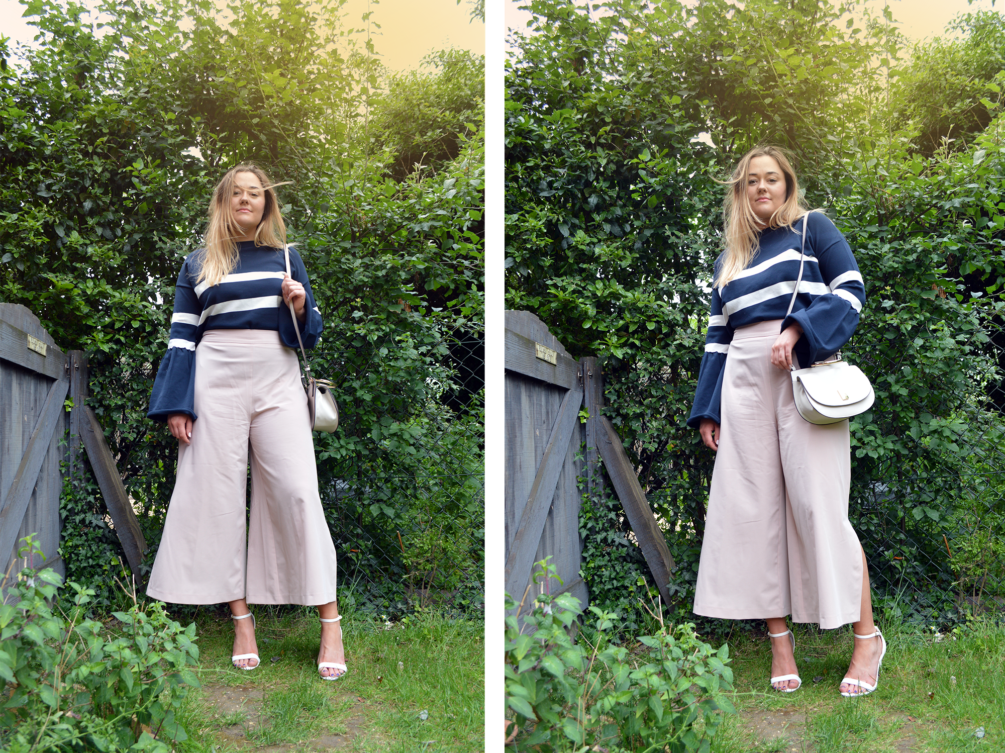 Hannah wearing nude coloured culottes with slit in the side with a striped navy knitted jumper with over-sized flared sleeves